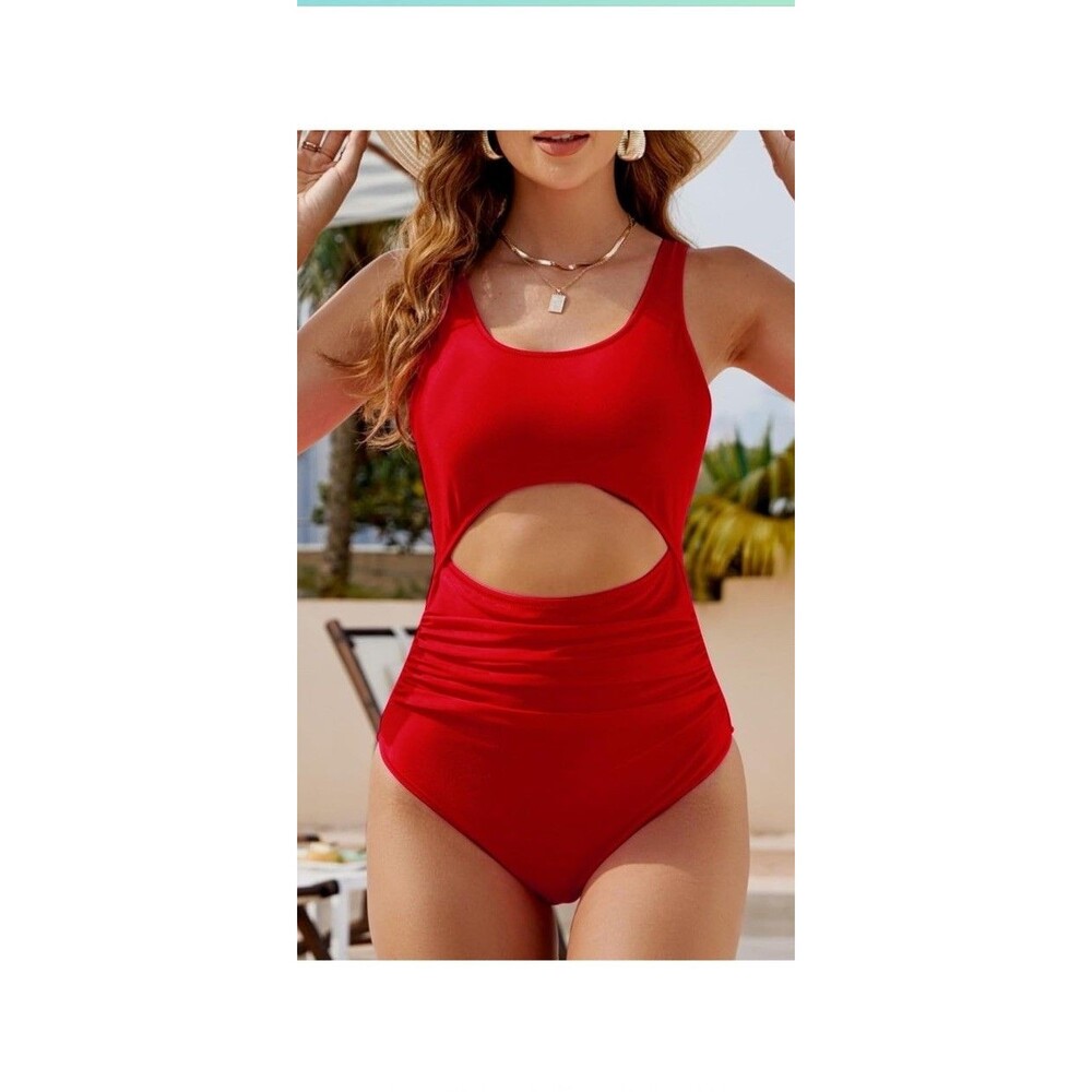 Vimpunec Red Cut Out One Piece wSwimsuit Ruched Tummy Control Bathing Suit Lg